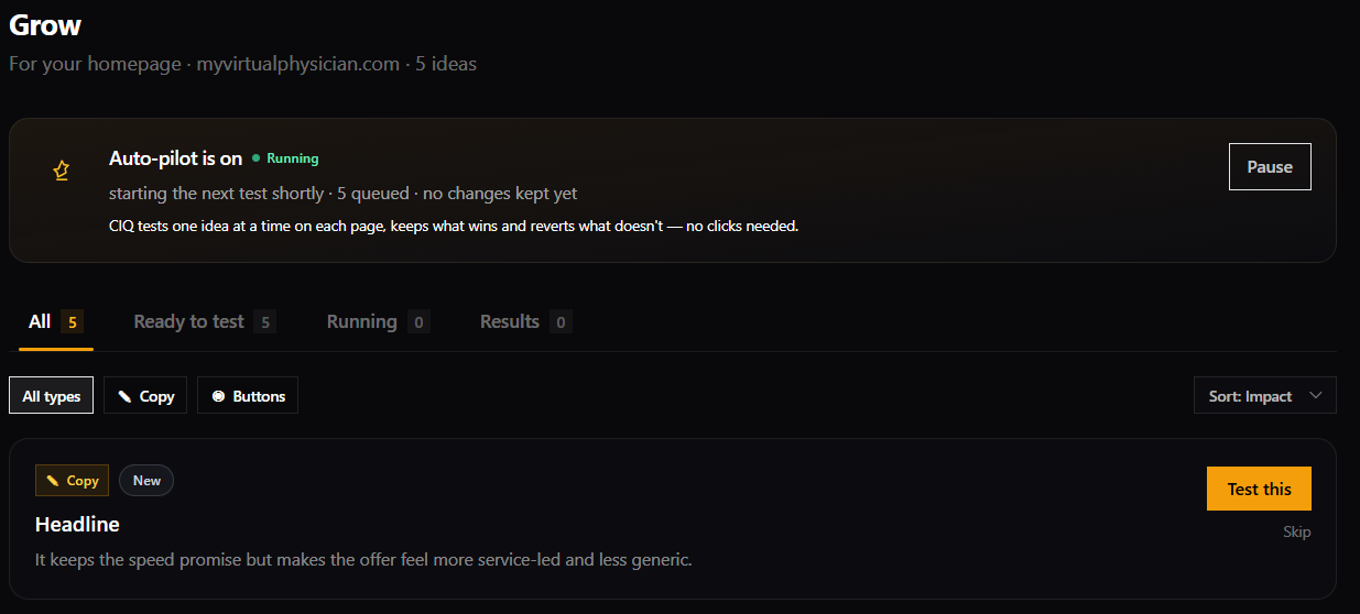 Conversion IQ Auto-pilot running through queued tests, keeping the winners automatically